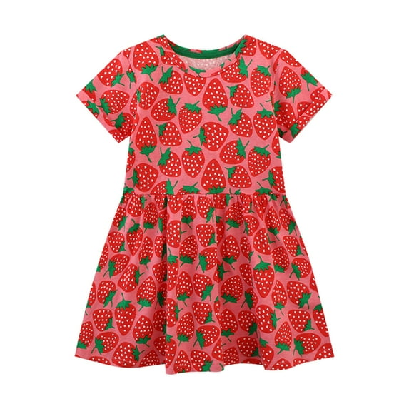 JLFKNG Toddler Girls Dresses Cute Sweet Strawberry Printed Short Sleeve Ruffled Loose Breathable Knitted Cotton Dress Suitable For Dailywear, Party