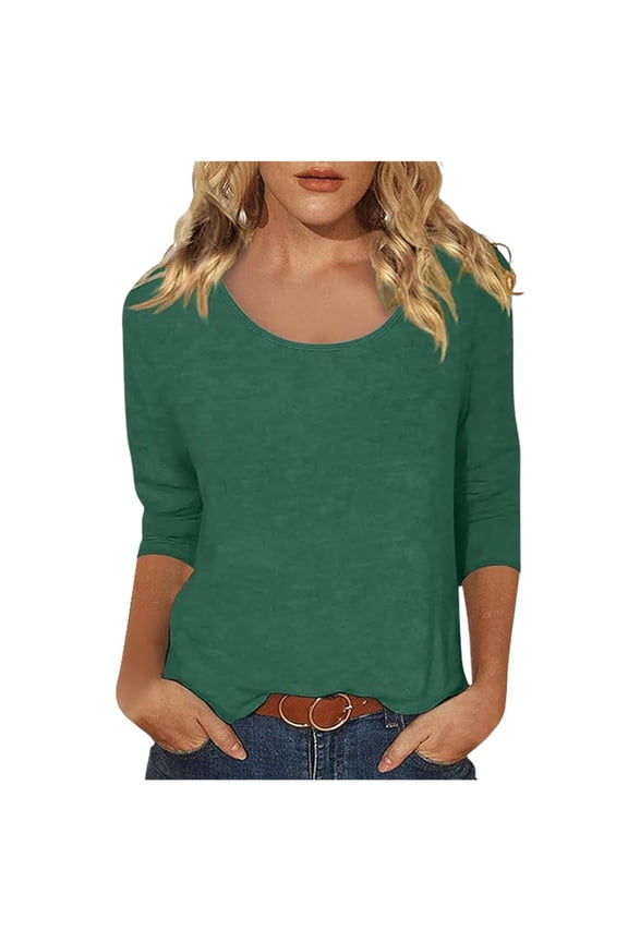 JLFKNG Women's Tee Shirts Casual Solid Color Print Scoop Neck Low Cut 3/4 Sleeve T Shirt Top Comfy Summer Clothes