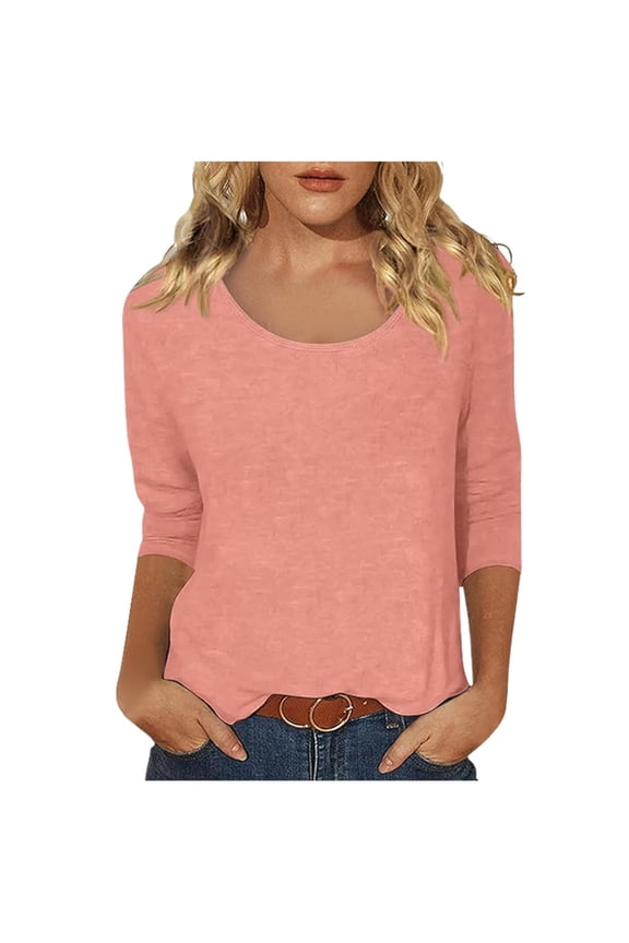 JLFKNG Women's Tee Shirts Casual Solid Color Print Scoop Neck Low Cut 3/4 Sleeve T Shirt Top Lounge Clothing For Women
