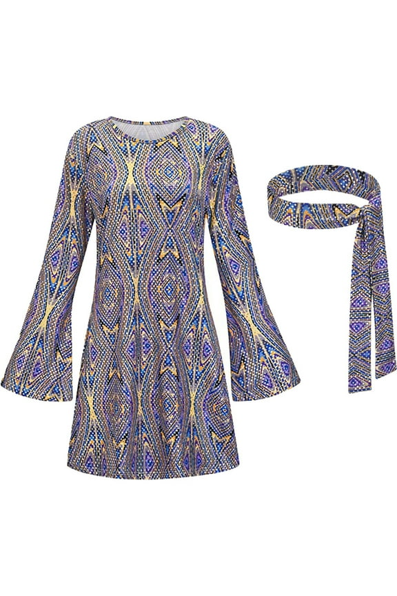 JLFKNG Womens Bodycon Summer Dress Fashion Colorful 70S Hippie Disco Dress Headscarf Dress Two Piece Set Daily Wear