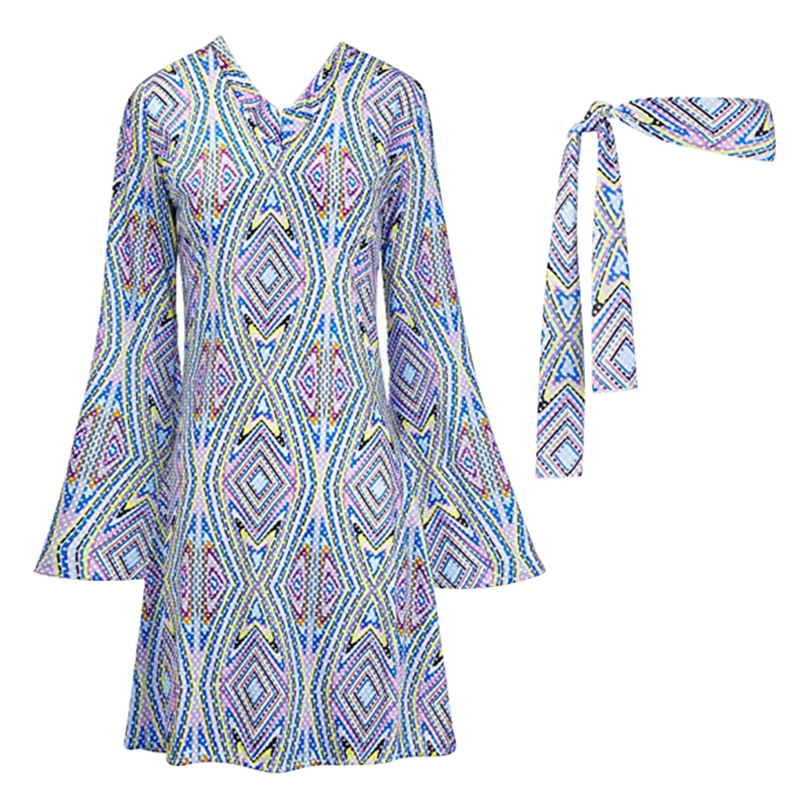 Jlfkng Womens Bodycon Summer Dress Fashion Colorful 70S Hippie Disco Dress Headscarf Dress Two Piece Set Womens Dailywear