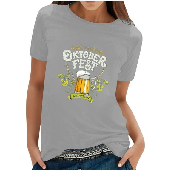 JLFKNG Womens Casual T-Shirts Oktoberfest Party Crewneck T Shirt Traditional Bavarian Style Tee For Festival Soft Comfortable Fit Shirt Tops Lounge Clothing For Women