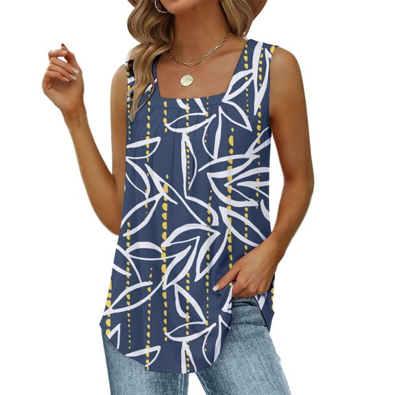 JLFKNG Womens Leisure Tank Tops Casual Sleeveless Square Neck Tank Tops Loose Fit Pleated Curved Hem Flowy Vest Shirt Suitable For Holiday
