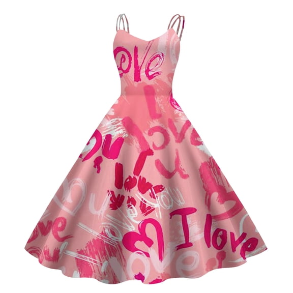 JLFKNG Womens Summer Dresses Fashion Valentines Day Love Fashion Printed Dress Round Neck Short Sleeve Loose Fit Dresses Daily Wear