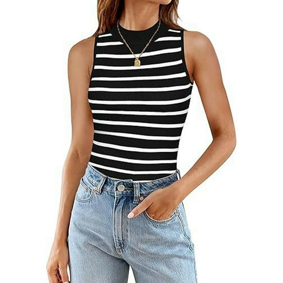 JLFKNG Womens Summer Sleeveless Tops Sleeveless Ribbed Turtleneck Striped Tank Top Breathable Loose Fit Comfortable Dailywear