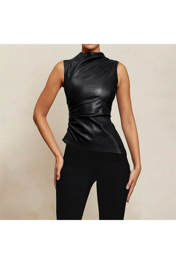 JLFKNG Womens Summer Sleeveless Tops Solid Color Leather Collarless Asymmetrical Hem Slim Fit Sleeveless Top Suitable For Vacation