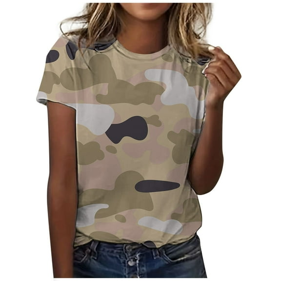 JLFKNG Womens T Shirts Classic Versatile Daily Short Sleeve Solid Striped Leopard Camo Color Block Casual Round Neck T Shirt Womens Dailywear