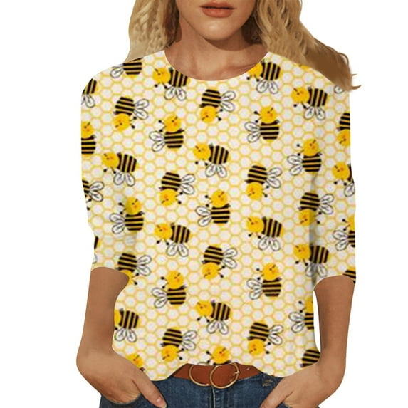JLFKNG Womens T Shirts Fashion Letter Printed Bee Festival Style T-Shirts V Neck 3/4 Sleeve Breathable Loose Fit T Shirt Tops Comfy Summer Clothes