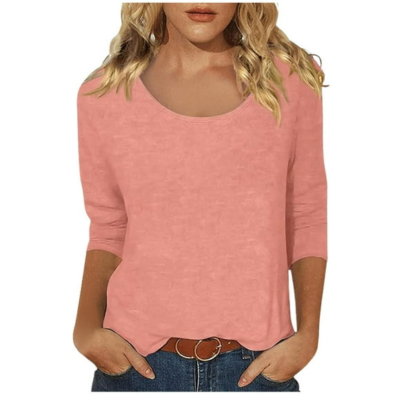 JLFKNG Womens Tee Shirts Casual Solid Color Print Scoop Neck Low Cut 3/4 Sleeve T Shirt Top Comfy Womens Clothing