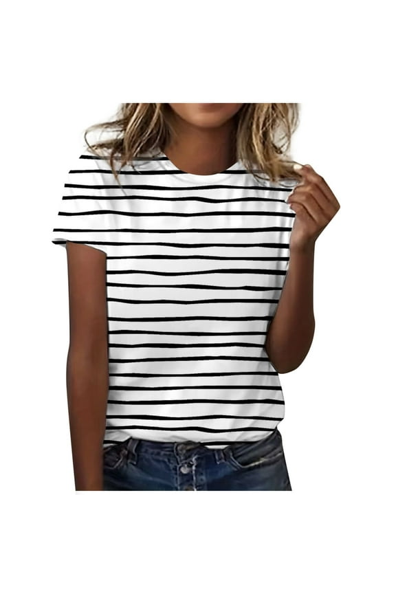 JLFKNG Womens Tee Shirts Classic Versatile Daily Short Sleeve Solid Striped Leopard Camo Color Block Casual Round Neck T Shirt Womens Dailywear