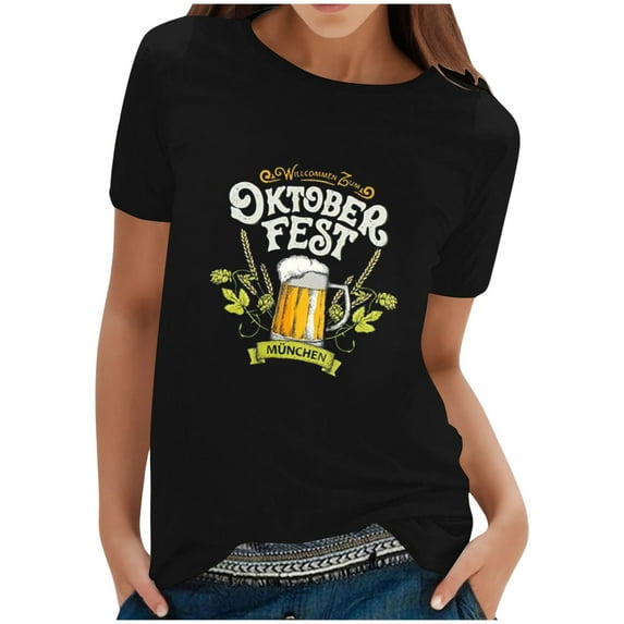JLFKNG Womens Tee Shirts Oktoberfest Party Crewneck T Shirt Traditional Bavarian Style Tee For Festival Soft Comfortable Fit Shirt Tops Lounge Clothing For Women
