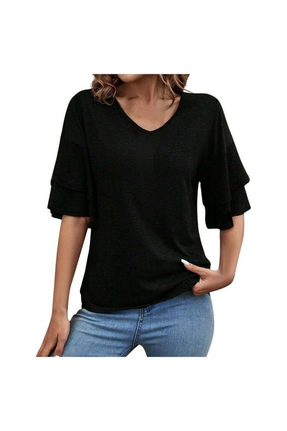 JLFKNG Womens Tee Shirts Summer Solid Color V Neck Tee Shirts With Double Layer Flared Half Sleeve Casual Loose Fit Shirt Tops Breathable Loose Fit Womens Dailywear
