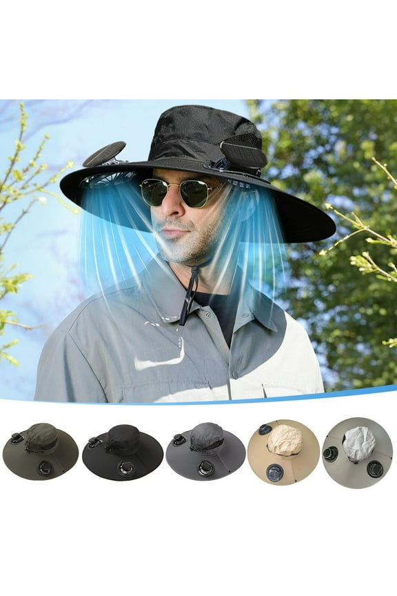 19in Summer Fisherman Solar USB Fan Hat, with One Pair White Arm Sleeves Cool Accessories for Men Summer Essentials for Outdoor Beach Camping Fishing Father's Day Gifts