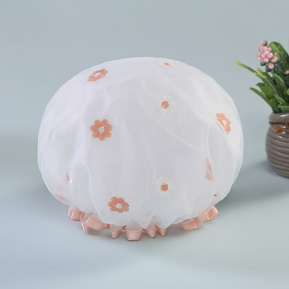 JLFNYA Bath Shower Caps for Women, Double Layer Lace Hair Cap, Womens Shower Caps Waterproof Reusable, Waterproof Shower Caps, Reusable Hair Cap for Shower, Elastic Band Bath Hair Hat for Women