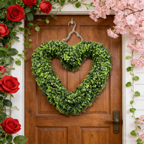 JLFNYA Boxwood Heart Wreath, 16.9" Valentine's Day Heart Wreath for Front Door, Artificial Valentine'S Day Heart Shaped Wreath, Valentine's Day St. Patrick's Day Decorations