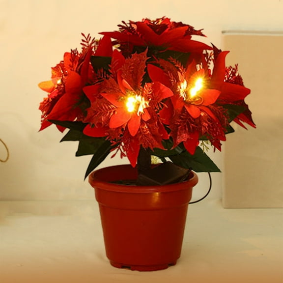 JLFNYA Christmas Artificial Flowers LED Lighted Poinsettias Pine Potted Christmas Decorations Indoor Home Xmas Table Centerpieces Winter Holiday 12Inch