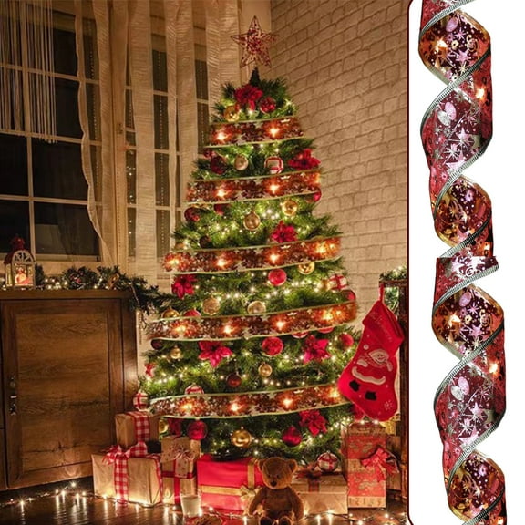 JLFNYA Christmas Ribbon Lights,LED Christmas Tree Silver Ribbon Lights,Battery Powered Double Layer Copper Wire Ribbon Bows Fairy Strings Lights for Weddings New Year Christmas Decor