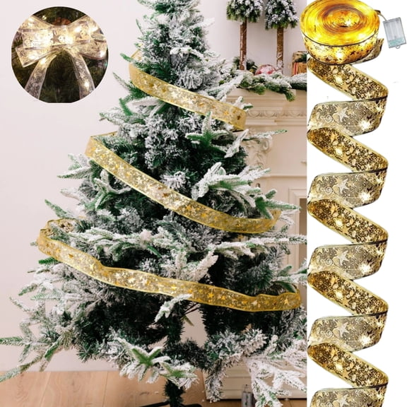 JLFNYA Christmas Tree Ribbon,32ft Christmas Tree Lights,Battery-Powered Copper Wire Christmas Tree Ribbon Lights for Holiday Party Weddings Christmas Decorations Indoor