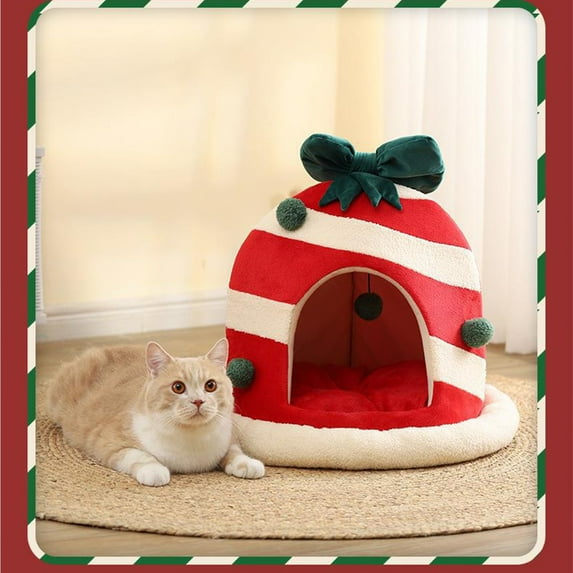JLFNYA Cute Christmas Cats House Cats Beds Box Shaped Xmas Cats Dog Cave Bed Removable Washable Warm Cats Condo Tents Cats Hideaways,Cat Beds for Indoor Cats