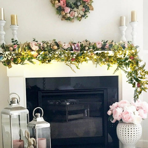 JLFNYA Easter Garland,Easter Garland with Lights, 74.8" Illuminated Faux Twigs Wreath, Battery-Operated Front Door Decor, Easter, Spring, Shatterproof