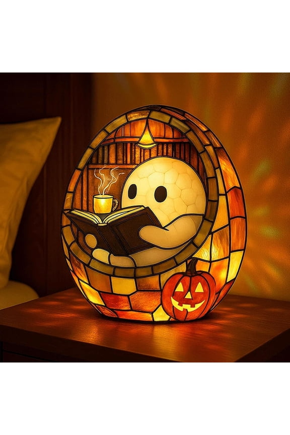JLFNYA Ghost Reading Book Lamp, Ghost Reading Lamp, Halloween Ghost Night Light, Ghost Reading Book Lamp Stained Glass, Ghost Reading Book LED Night Light, Halloween Decorations Indoor