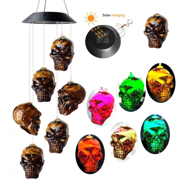 JLFNYA Halloween,Halloween Decorations,Skull Solar Wind Chime Lights, Halloween Solar Powered Light Up Wind Bell Skeleton LED String Light Windchime Outdoor Halloween Hanging Decorations Haunted Hous