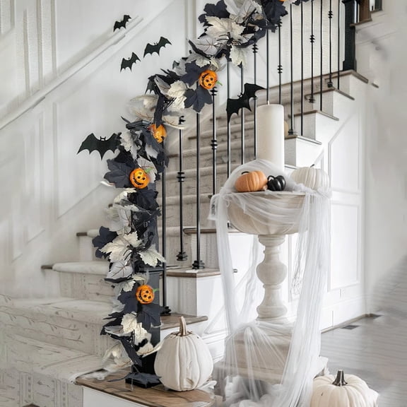 JLFNYA Halloween Garland, Halloween Garland Decor, 68.9in Halloween Wreath, Seasonal Decor, Black Garland, Fall Wreath, Halloween Wall Decor, Home Decoration, Halloween Decorations Indoor