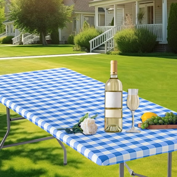 JLFNYA Outdoor Picnic Table Cover,Rectangle Picnic Table Cloth,Waterproof Elastic Fitted Outdoor Table Covers,Checked Design Plastic Tablecloths for Camping,Dining and Indoor