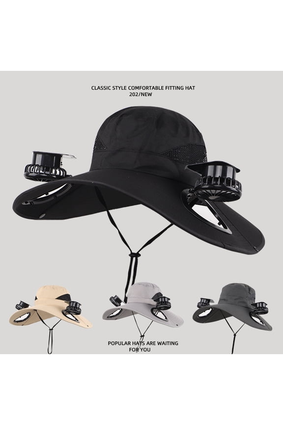 Outdoor Wide Solar Fan Sun Hat, with 2 Built-in Fans Cool Accessories for Men and Women Summer Essentials for Beach Camping Fishing Hiking Father's Day Gifts