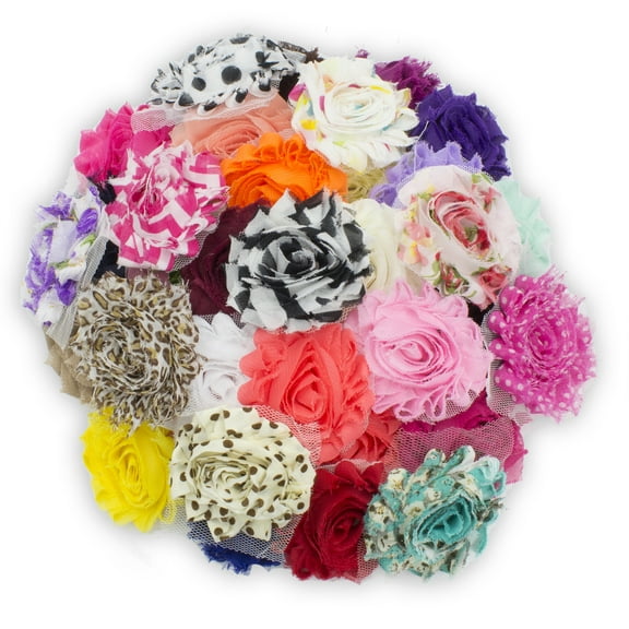 JLIKA (100 pieces) Shabby Flowers - Chiffon Fabric Roses - 2.5" - Solids and Prints Included - Assorted Color Mix - Single Flowers Grab Bag