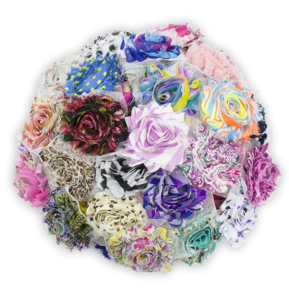 JLIKA (50 pieces) Shabby Flowers - Chiffon Fabric Roses - 2.5" - Prints - Assorted Color Mix - Single Flowers Grab Bag