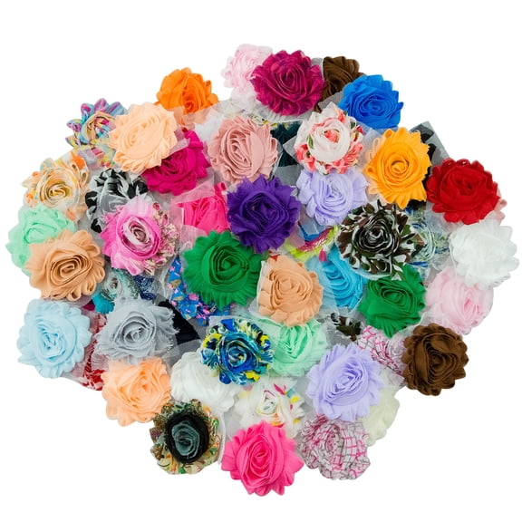 JLIKA (50 pieces) Shabby Flowers - Chiffon Fabric Roses - 2.5" - Solids and Prints Included - Assorted Color Mix - Single Flowers Grab Bag
