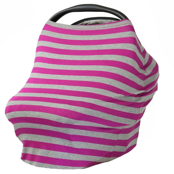 JLIKA Baby Car Seat Canopy Cover and Stretchy Nursing Cover Fuchsia Gray Stripe