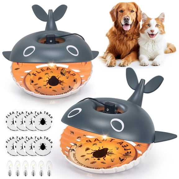 JLLOM 2 Pack Flea Traps, with 4 Sticky Disc & 6 Bulbs & 2 Electric Wires, Flea Lamp Indoor Bed Bug Trap Pest Control, Non Toxic & Harmless Friendly to Pets & Kids