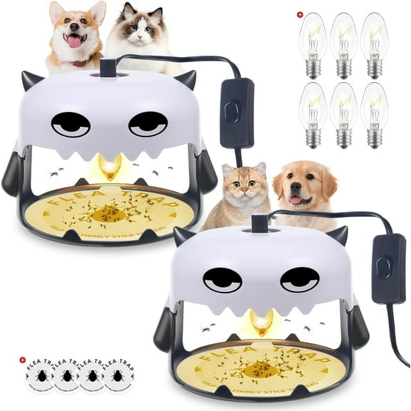 JLLOM 2 Pack Flea Traps, with 4 Sticky Disc & 6 Bulbs & 2 Electric Wires, Flea Lamp Indoor Bed Bug Trap Pest Control, Non Toxic & Harmless Friendly to Pets & Kids