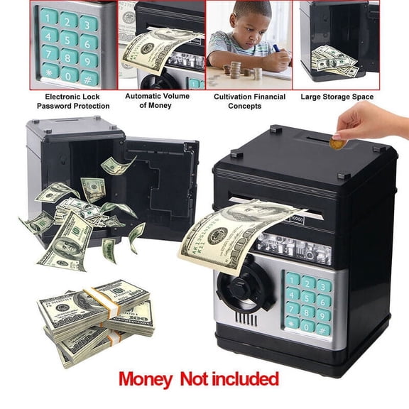 JLLOM Durable Plastic Mini Money Box with Password, Safe Cash & Coins Saving, Voice Prompt Kids' Gift, Black