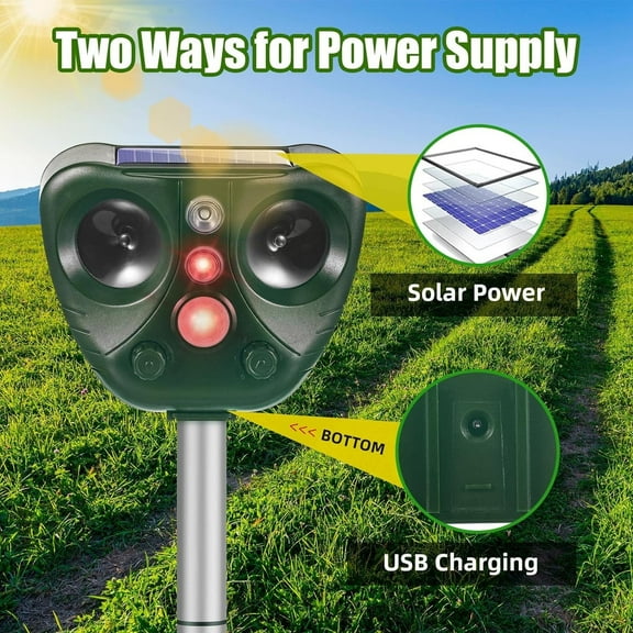 JLLOM Eco Solar Animal Deterrent | Ultrasonic & Flashing LED | Adjustable Sensitivity | IP65 Waterproof for Farms & Yards