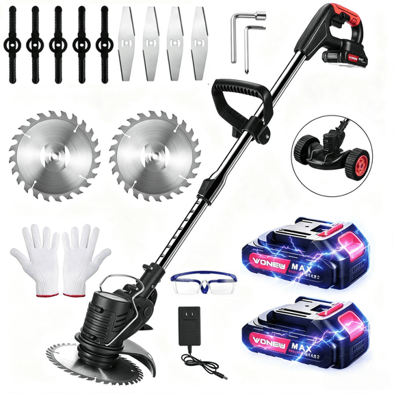 Paddsun Electric Weed Eater, Weed Wacker 3 in 1 Cordless Push Lawn Trimmer with Wheels Weed Eater Tool with Adjustable Handle 3 Function Blades Weed Eater Brush Cutter for Yard and Garden