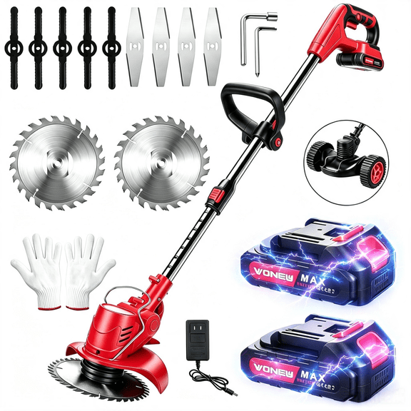 JLLOM Electric Weed Eater, Weed Wacker 3 in 1 Cordless Push Lawn Trimmer with Wheels Weed Eater Tool with Adjustable Handle 3 Function Blades Weed Eater Brush Cutter for Yard and Garden (Red)