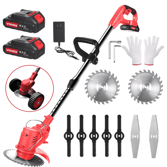 JLLOM Electric Weed Eater, Weed Wacker 3 in 1 Cordless Push Lawn Trimmer with Wheels Weed Eater Tool with Adjustable Handle 3 Function Blades Weed Eater Brush Cutter for Yard and Garden (Red)