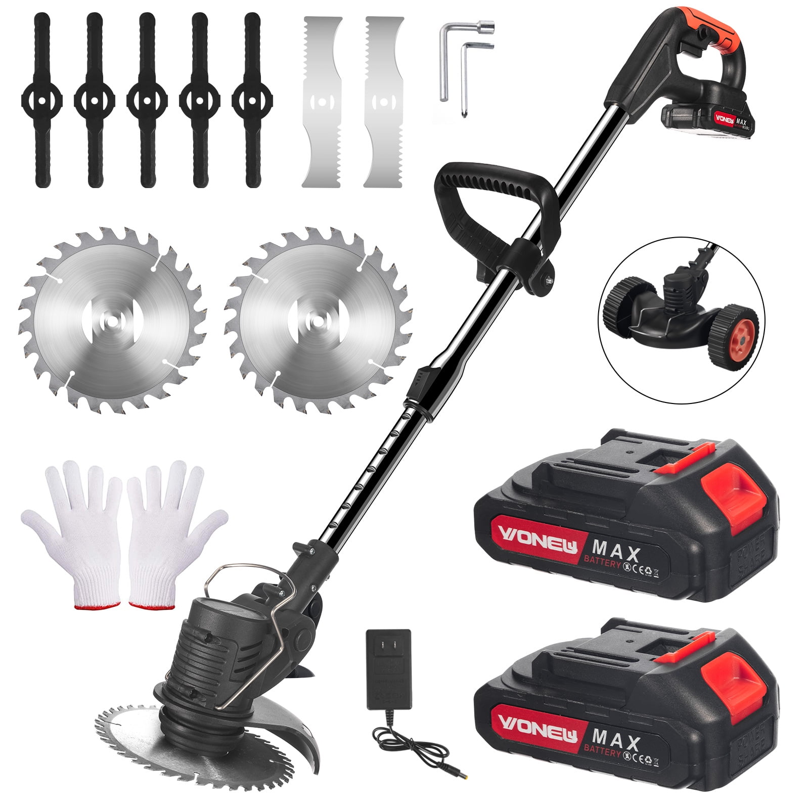 JLLOM Electric Weed Eater, Weed Wacker 3 in 1 Cordless Push Lawn Trimmer with Wheels Weed Eater Tool with Adjustable Handle 3 Function Blades Weed Eater Brush Cutter for Yard and Garden