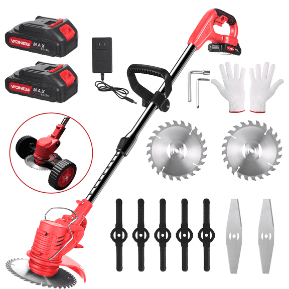 JLLOM Electric Weed Eater, Weed Wacker 3 in 1 Cordless Push Lawn Trimmer with Wheels Weed Eater Tool with Adjustable Handle 3 Function Blades Weed Eater Brush Cutter for Yard and Garden (Red)
