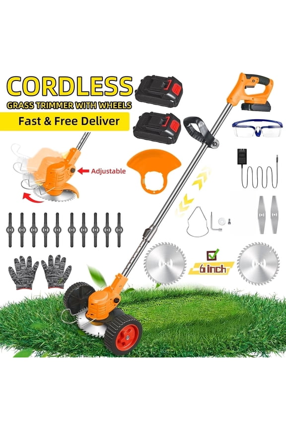 Electric Weed Wacker Battery Powered,Cordless String Trimmer Edger with Wheels 3 Function Blades Cutter for Yard and Garden