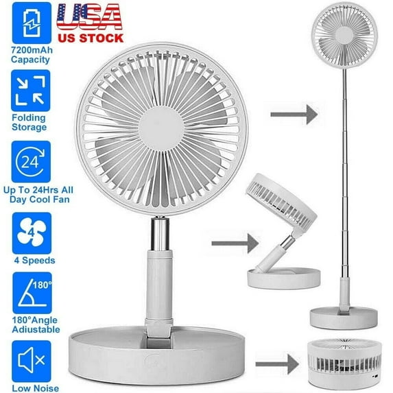 JLLOM Portable Stand Fan Folding Pedestal USB Rechargeable Telescopic Table Floor Fan