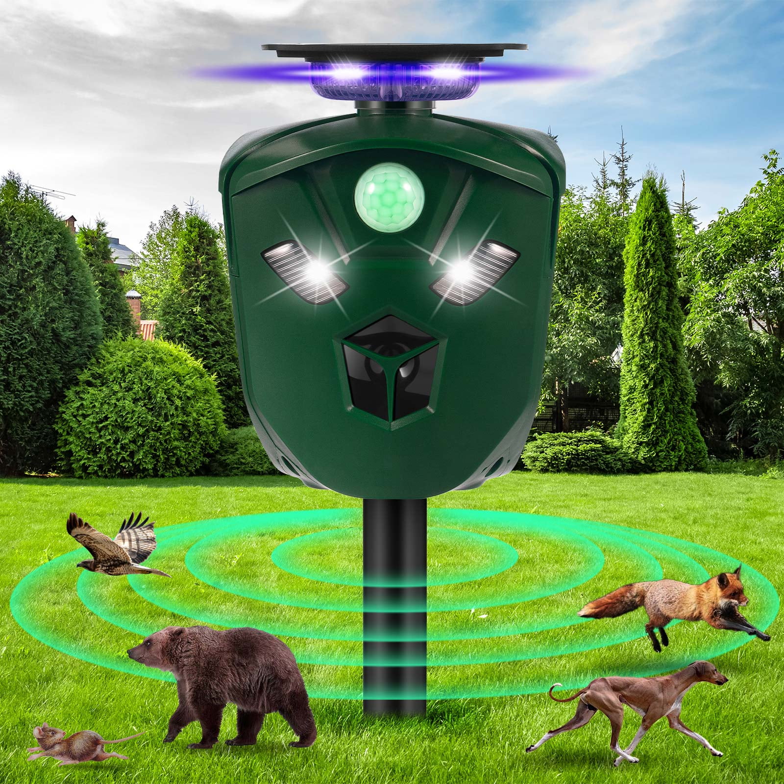 JLLOM Ultrasonic Animal Repeller Solar Powered Cat Repellent Outdoor Waterproof with Motion Sensor LED Flashing Light 360 Deer Repellent for Cat