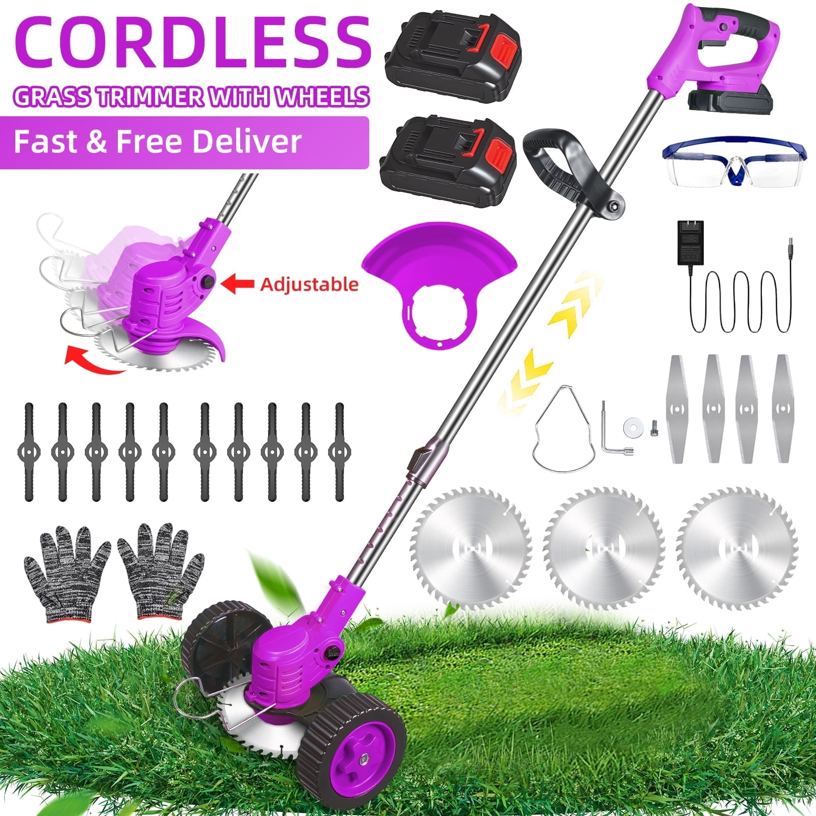 JLLOM Weed Wacker Grass Trimmer, 24V Cordless Weed Eater Lightweight Electric Brush Cutter with 2 Batteries and Charger for Home Garden Yard Trimming