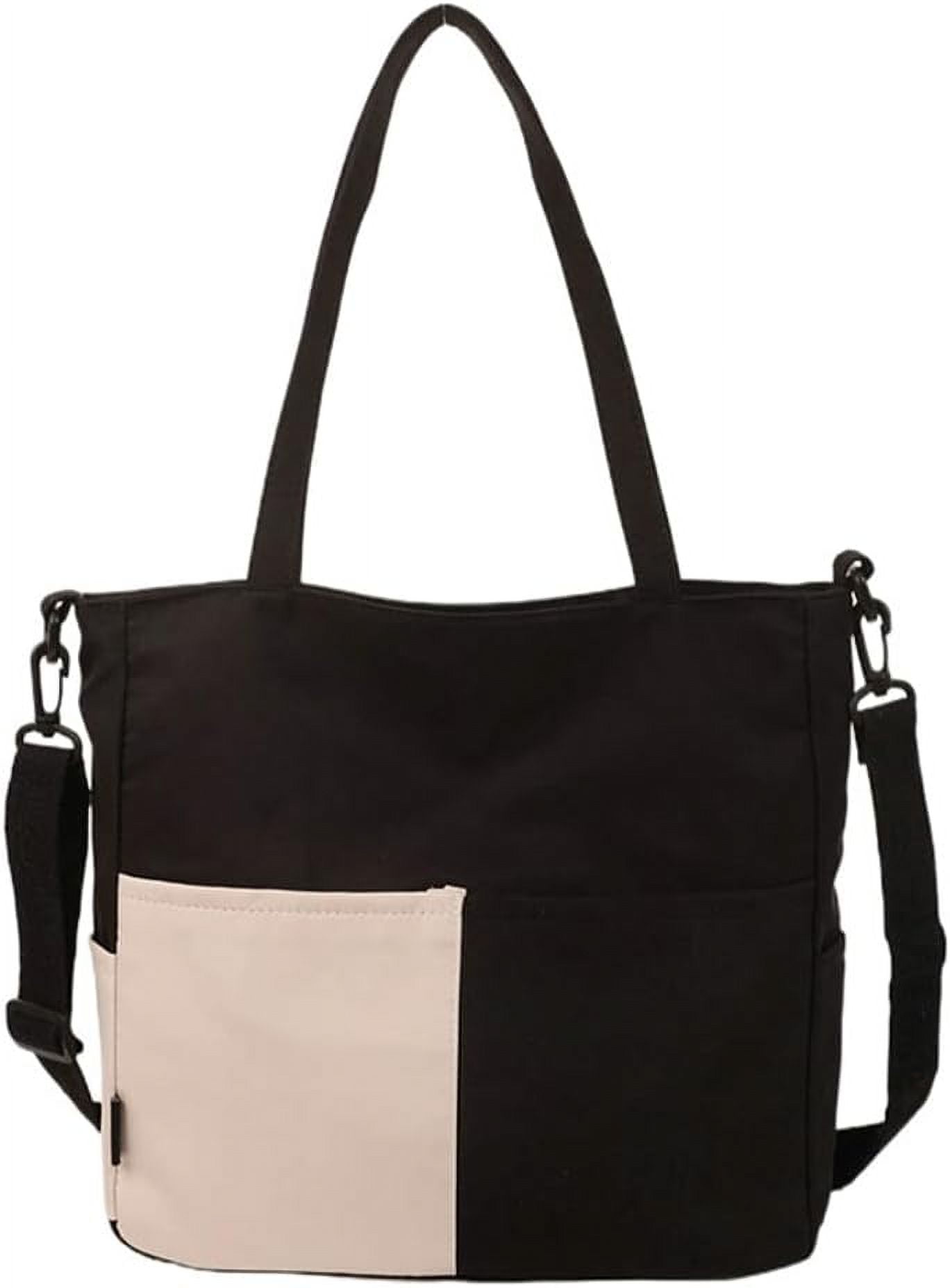 Multi-Pocket Canvas Tote Bag With Zipper - Large Capacity Handbag With Compartments, Black/Beige/Green