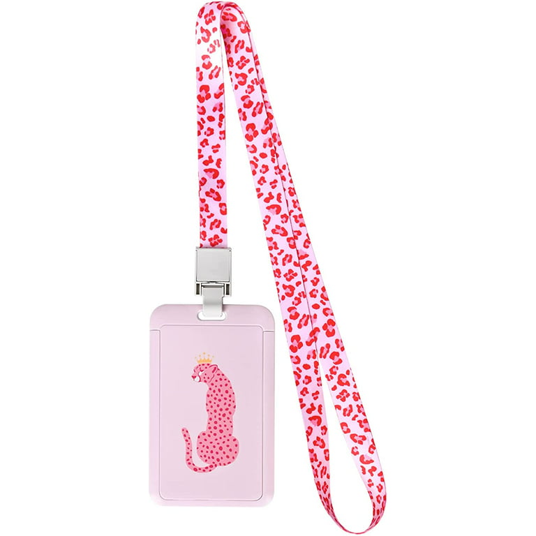 Winnwing ID Badge Holder with Lanyard Cute Pink Preppy Leopard Name Tag ID Card Case with Strap Lanyard Clip Clasp Back to Schoo