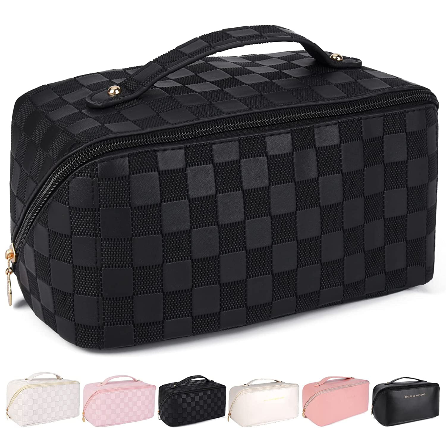 Jlmmen Store Travel Makeup Bag for Women Large Capacity Cosmetic Bag Waterproof Black Checkered Portable PU Leather Toiletry Bag Organizer Makeup