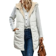 JLMMEN Women Long Puffer Fleece Vest Sleeveless Hooded Puffy Gilet Jacket Reversible Coat Outwear with Pockets Winter